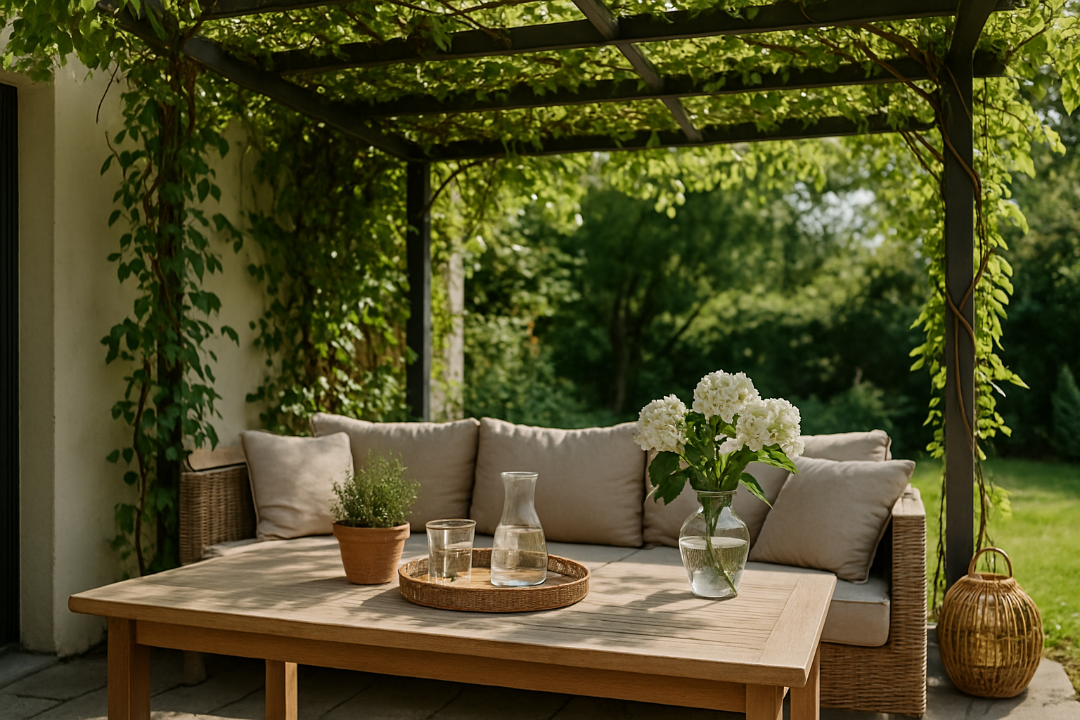 Détail d’une terrasse ombragée sous pergola végétalisée et mobilier clair