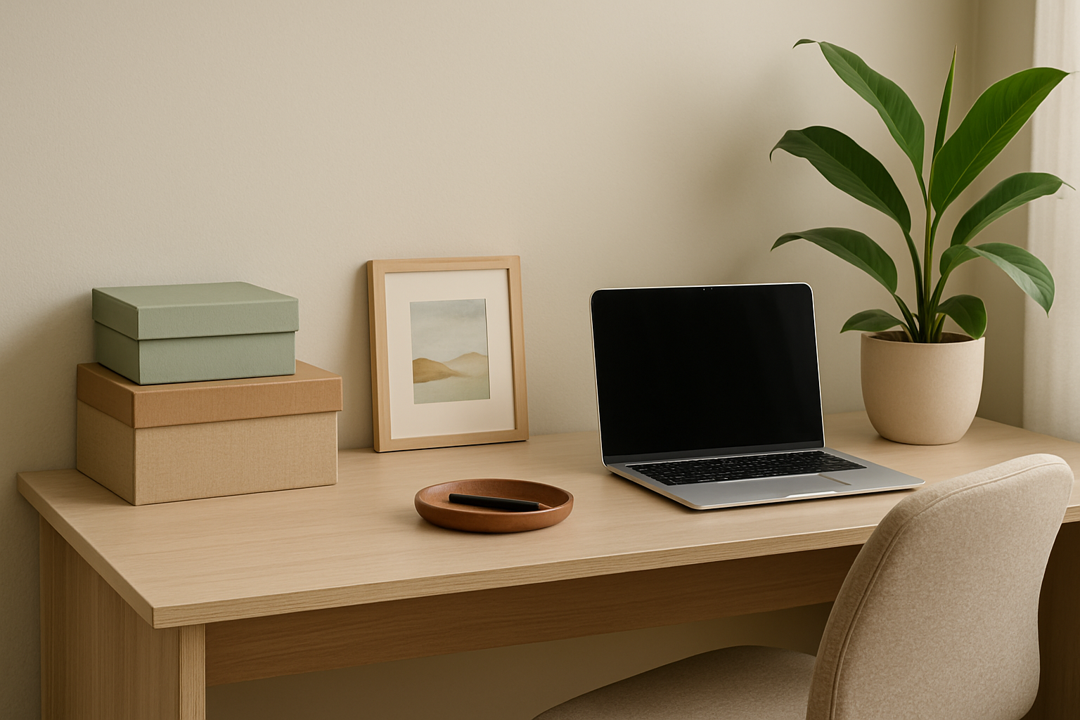 Détail d’un bureau maison décoré et organisé avec rangements et plante verte