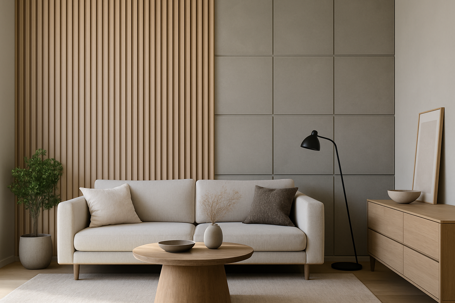 Habillage mural intérieur moderne en bois clair et panneaux 3D dans un salon contemporain