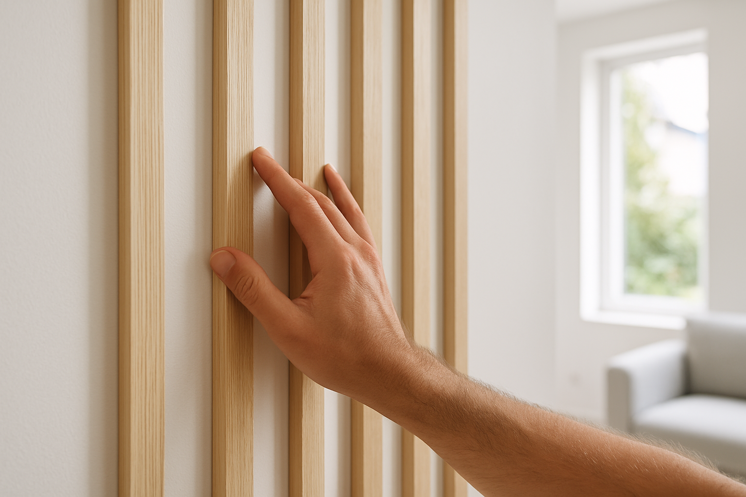 Pose de tasseaux de bois clair sur un mur blanc pour un effet moderne et épuré