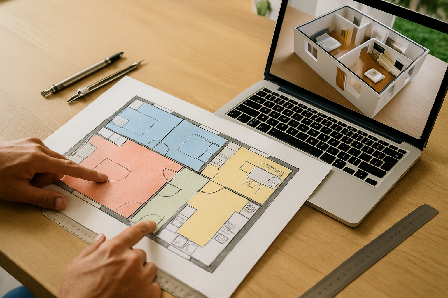 Plan dessiné de la maison, zones colorées et outils de planification visibles