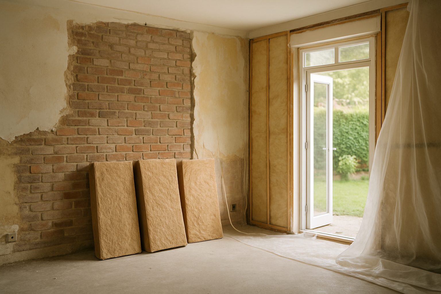 Maison en préparation pour isolation, murs nus et isolants prêts à poser