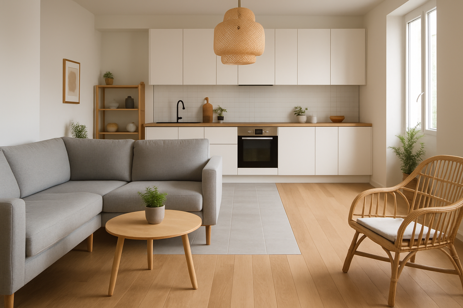 Salon moderne avec sol carrelage et parquet associés harmonieusement