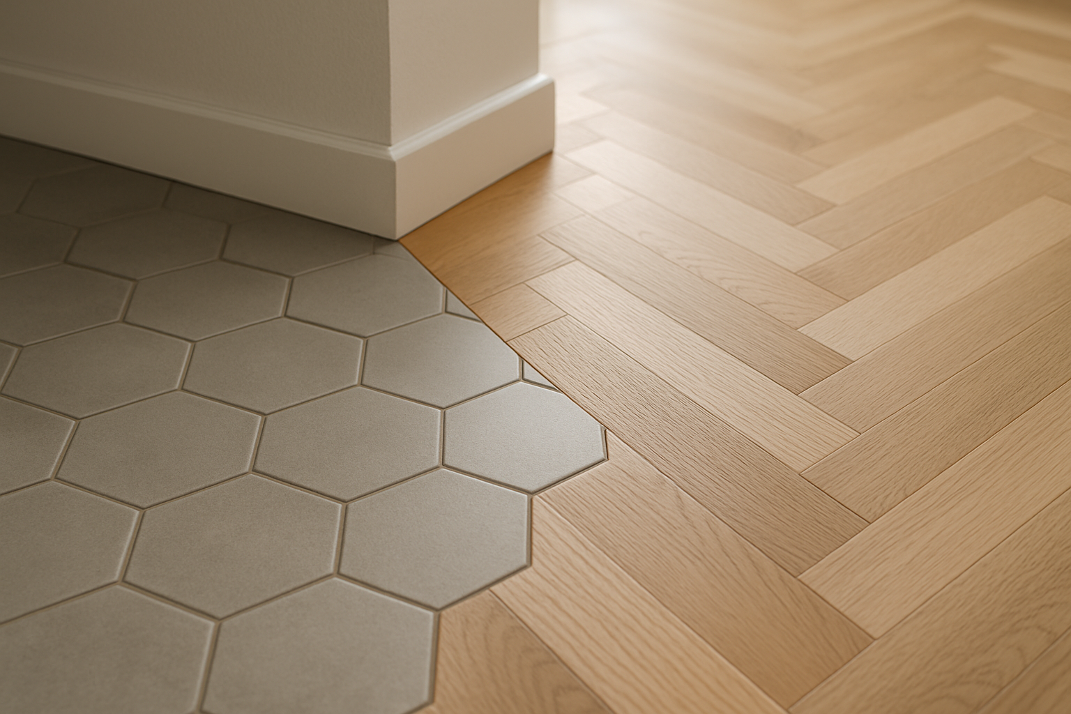 Détail de la jonction soignée entre carrelage hexagonal et parquet bois