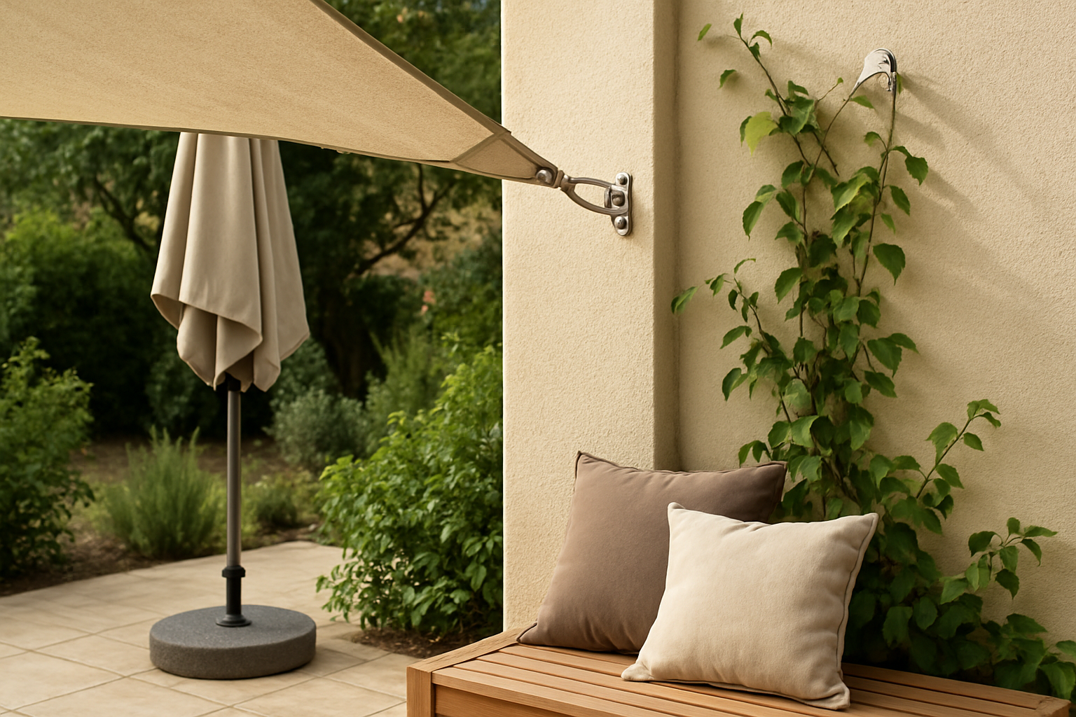 Coin de terrasse ombragée avec voile d’ombrage, parasol et végétation