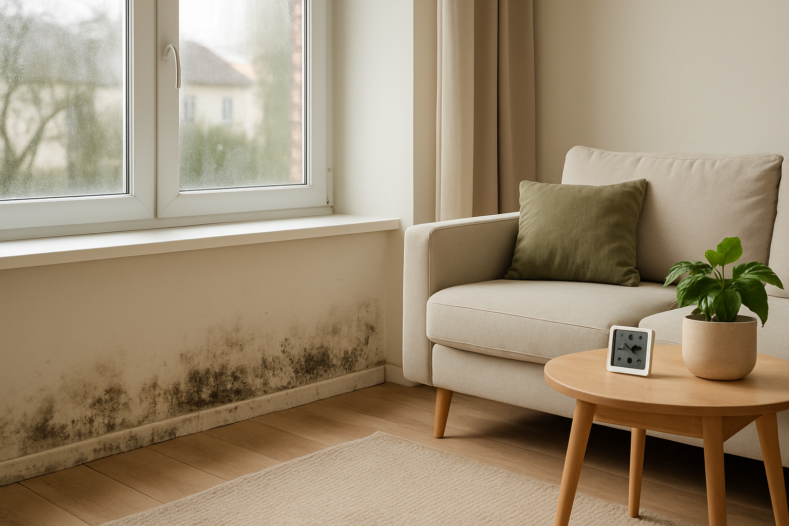 Salon contemporain avec traces d'humidité sur le mur et condensation sur les fenêtres