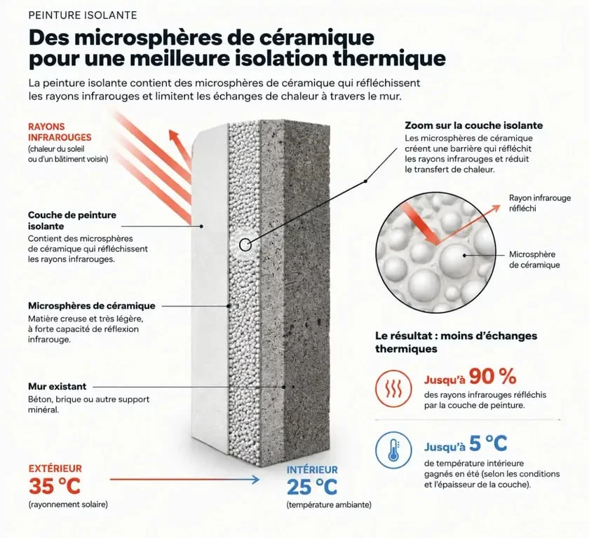 Schéma du fonctionnement d'une peinture isolante thermique avec microsphères de céramique