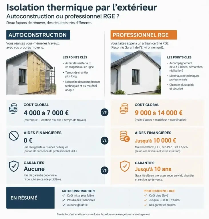 Comparatif autoconstruction vs professionnel RGE pour l'isolation thermique par l'extérieur