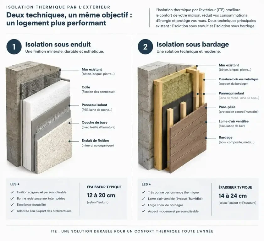Comparatif des techniques d'isolation thermique par l'extérieur : sous enduit vs sous bardage