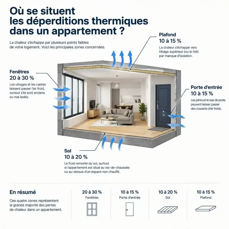 Schéma des zones de déperdition thermique pour chauffer un appartement mal isolé